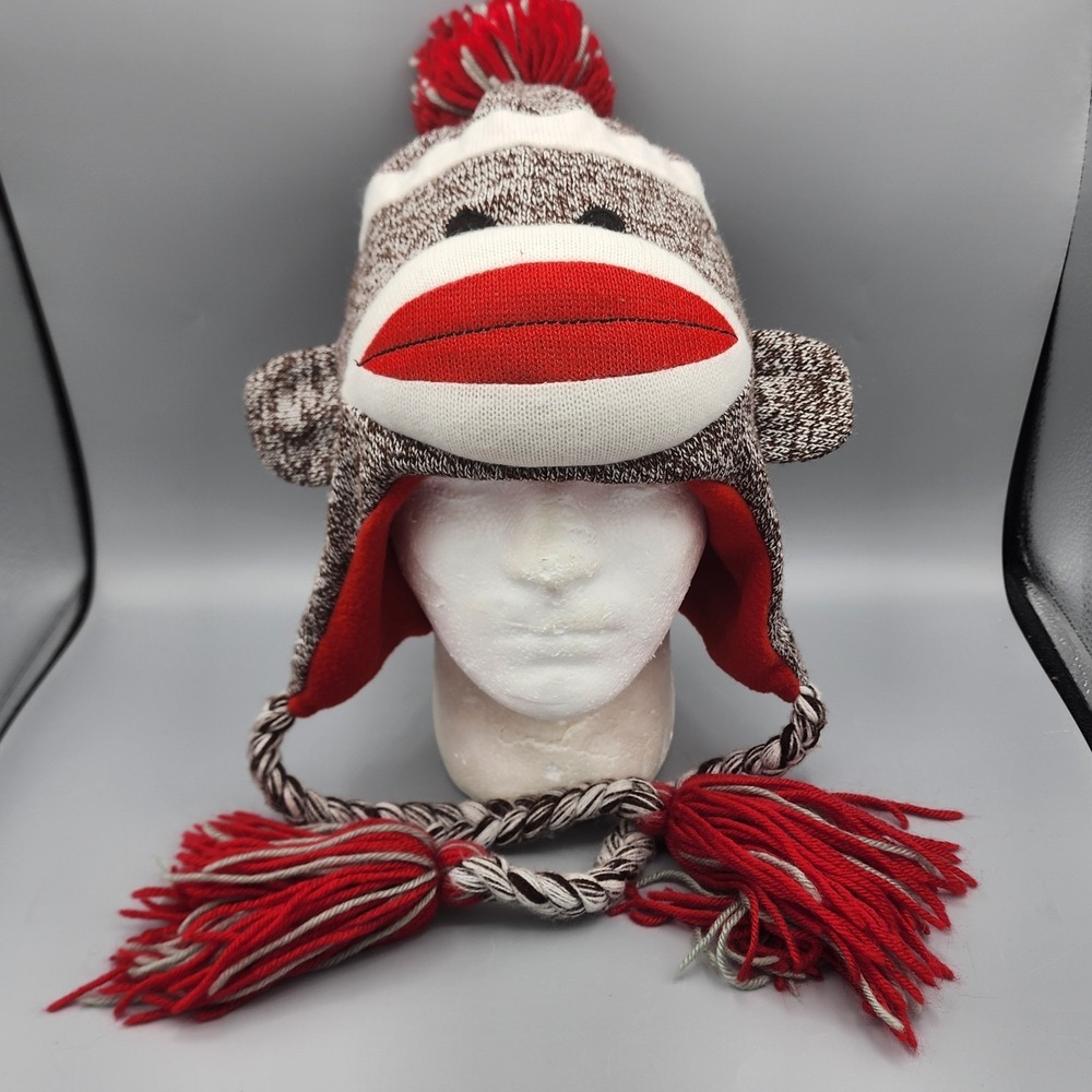 Ohio State Buckeyes Monkey Beanie with Poms Red White Gray Brown Plushland